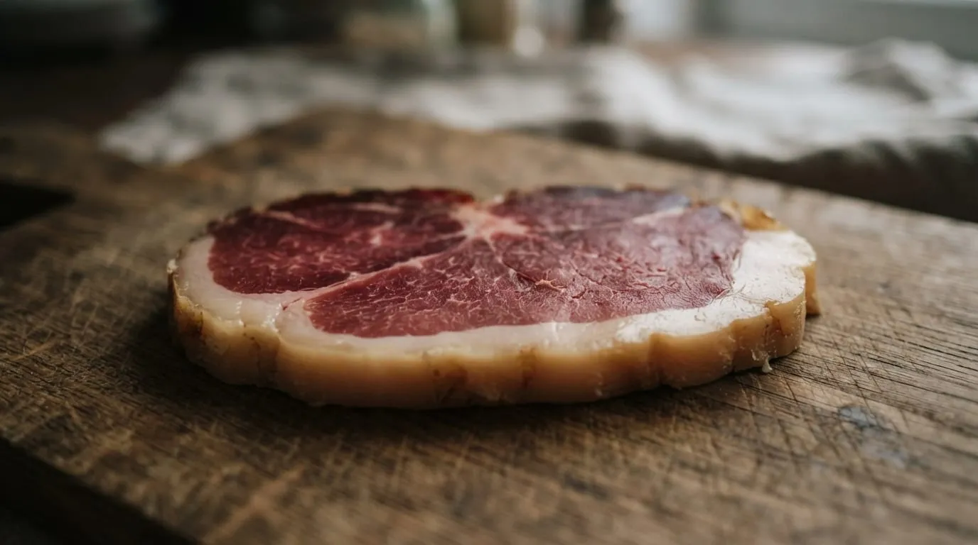 Une tranche de jambon sec coupée épaisse posée à plat, le gras jaune paille visible sur tout le pourtour du maigre