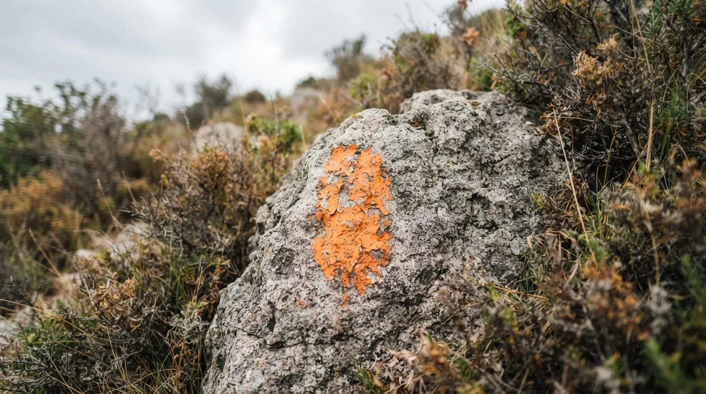 Balise orange peinte sur un rocher de granite au bord d'un sentier de maquis