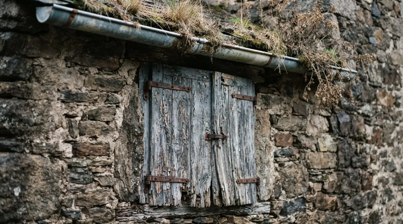 Volet de bois fermé sur une façade de schiste, gouttière envahie de végétation sèche