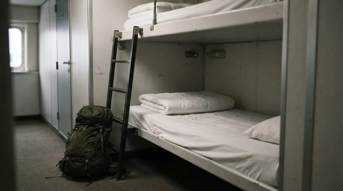 Une couchette de cabine sans hublot, drap tendu, échelle métallique et sac de randonnée posé au sol