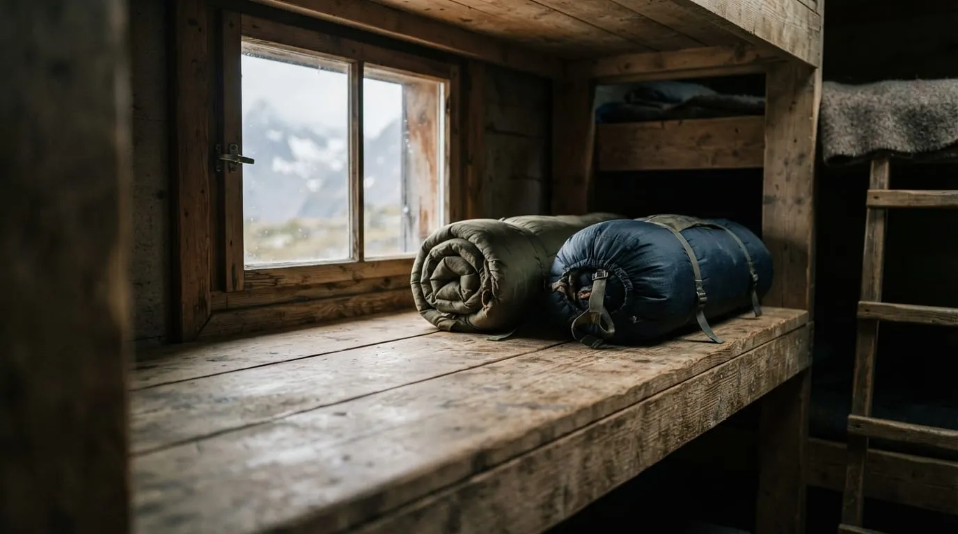 Un bat-flanc de bois nu dans un dortoir de refuge, deux sacs de couchage roulés posés dessus, lumière de fin de journée par une petite fenêtre