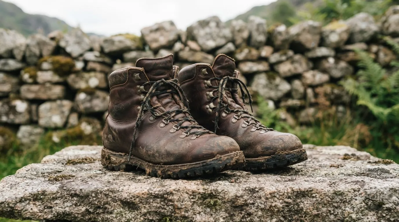 Une paire de chaussures de montagne à tige haute, cuir usé et semelle ressemelée, posée sur une dalle de granit devant un mur de pierre sèche