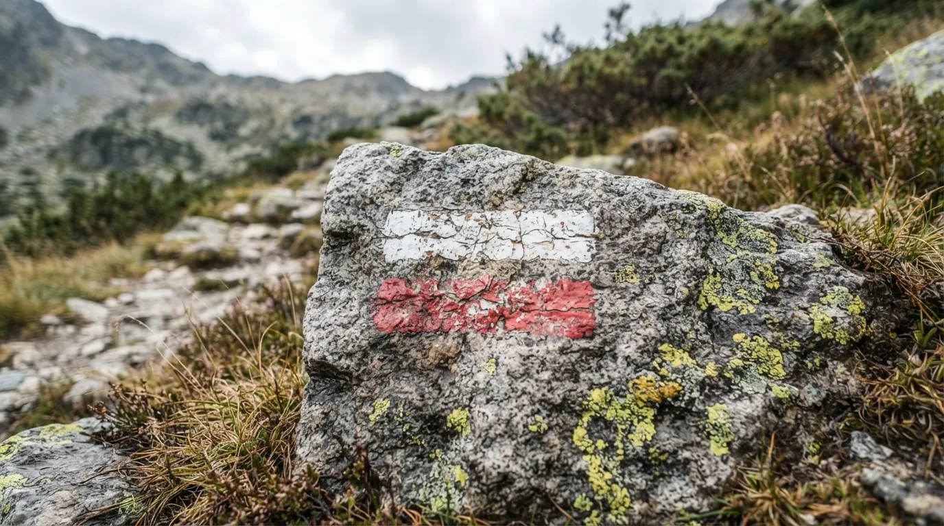Balisage blanc et rouge du GR20 peint sur un bloc de granit, peinture écaillée et lichen autour