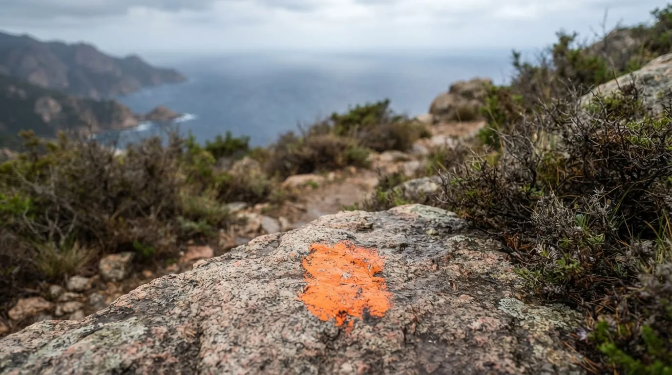 Le marquage orange du sentier du littoral peint sur une dalle de granite, maquis bas et sec autour, mer en arrière-plan