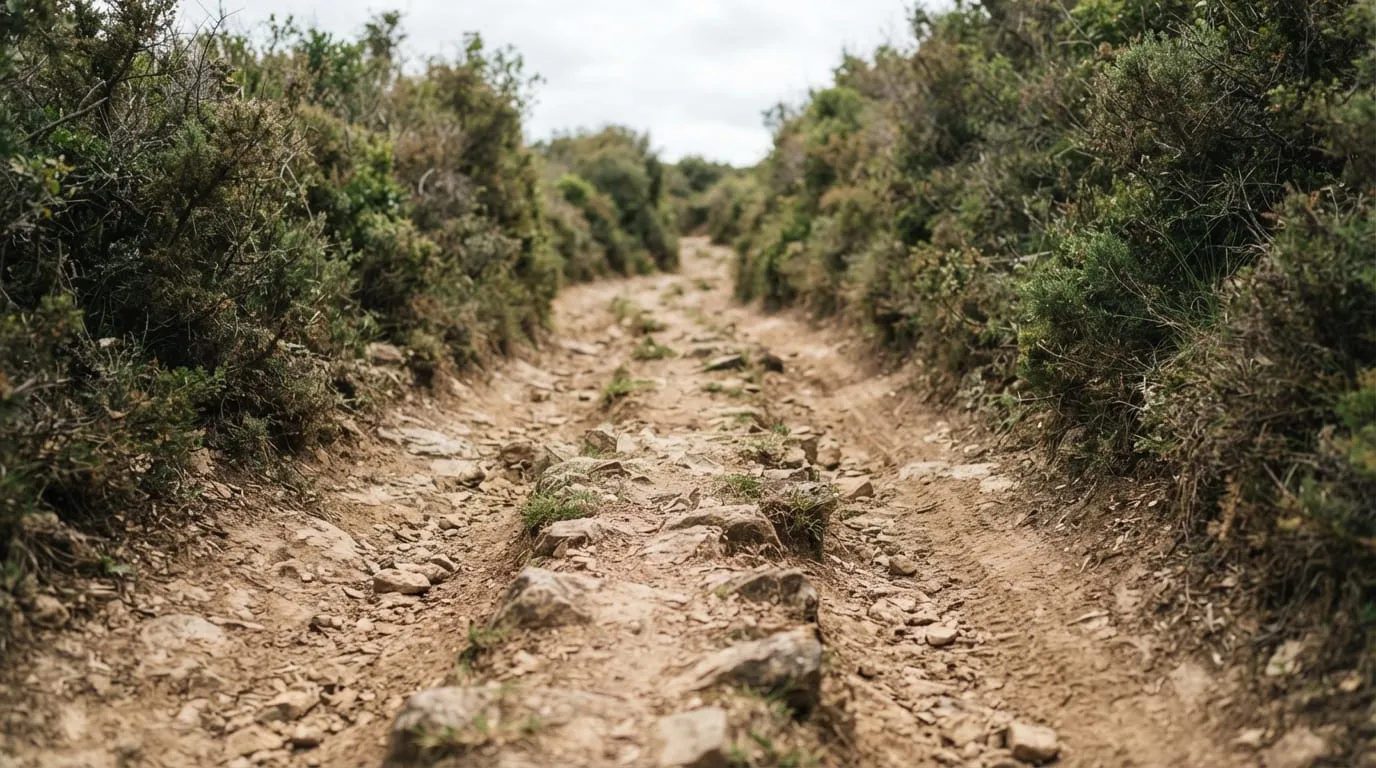 Une piste de terre étroite entre deux talus de maquis, pierres saillantes au milieu de la bande de roulement, ornières sèches
