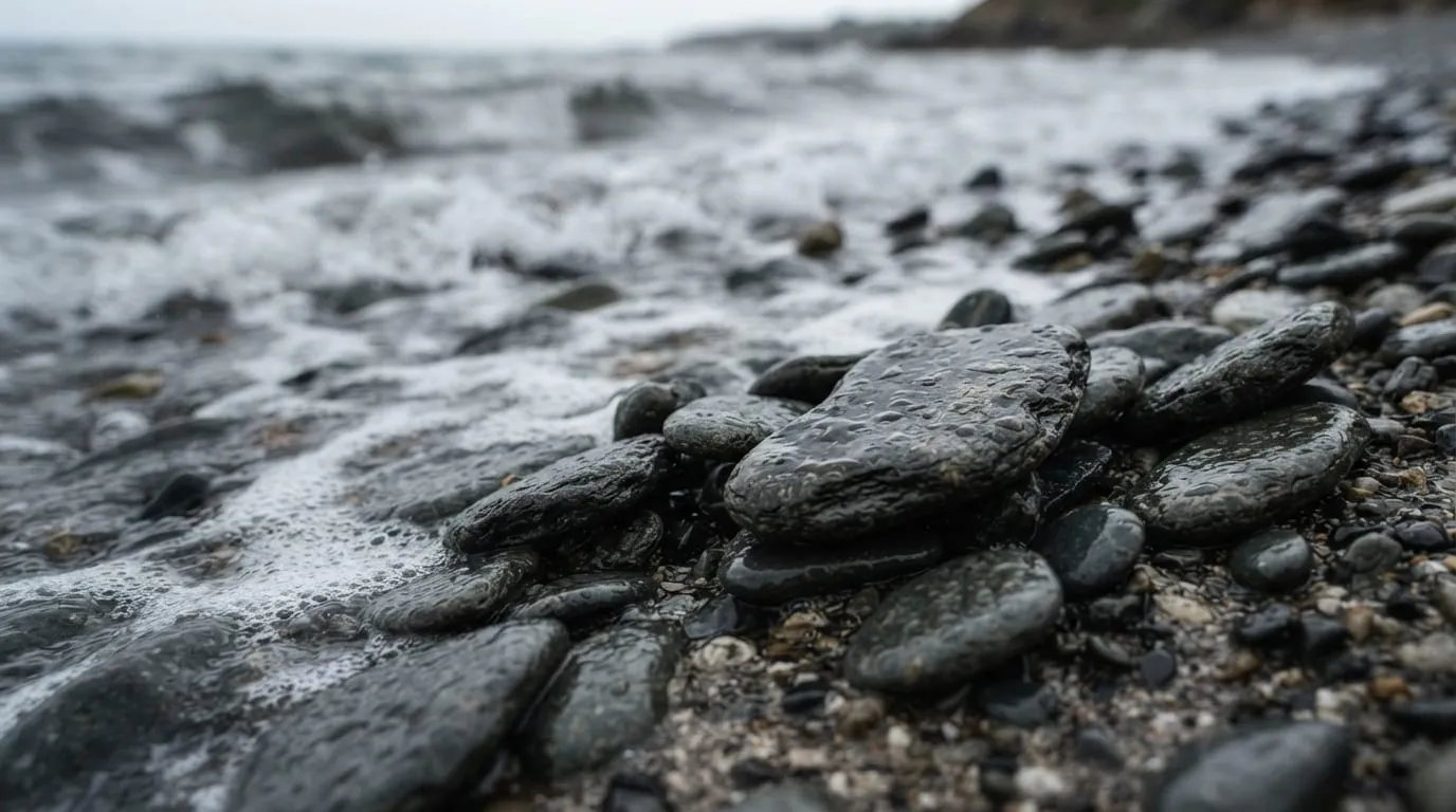Des galets plats gris anthracite mouillés par la vague, très gros plan