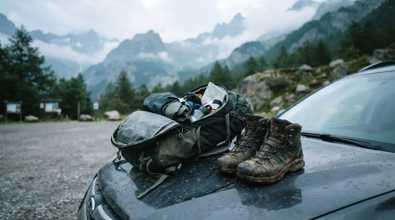 Sac à dos ouvert et chaussures de marche posés sur le capot d'une voiture, au petit matin, sur un parking de départ de sentier