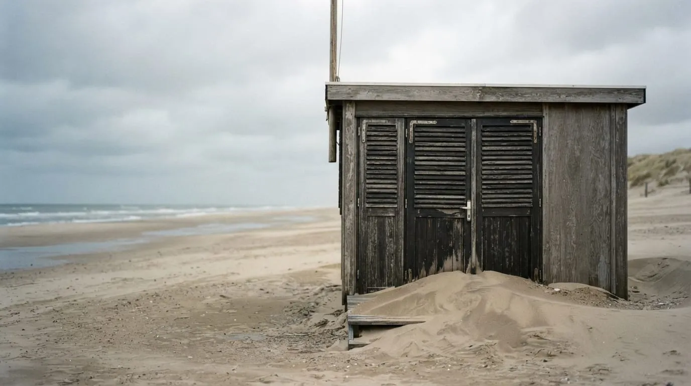 Un poste de secours de plage fermé pour la saison, volets clos, mât nu, sable soufflé au pied de la porte