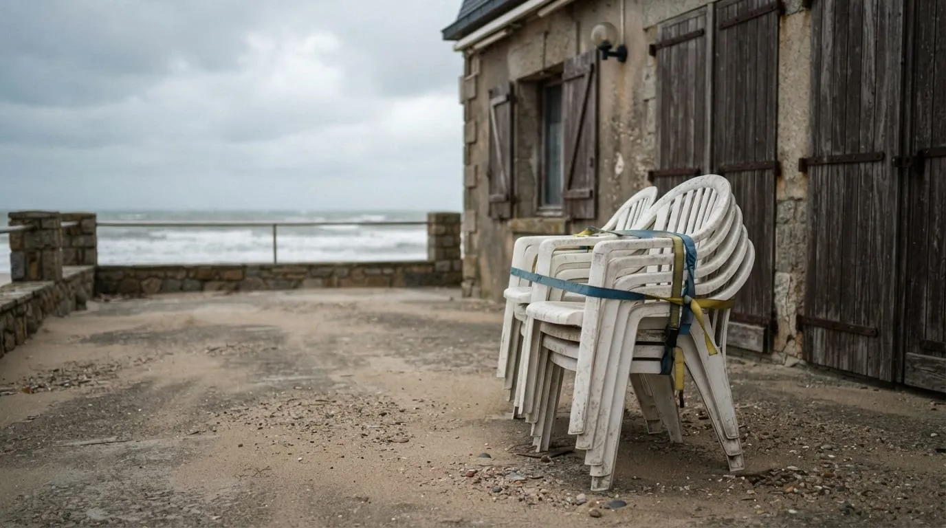 Terrasse d'un restaurant de bord de mer fermée pour la saison, chaises empilées et sanglées, volets clos, la mer derrière.