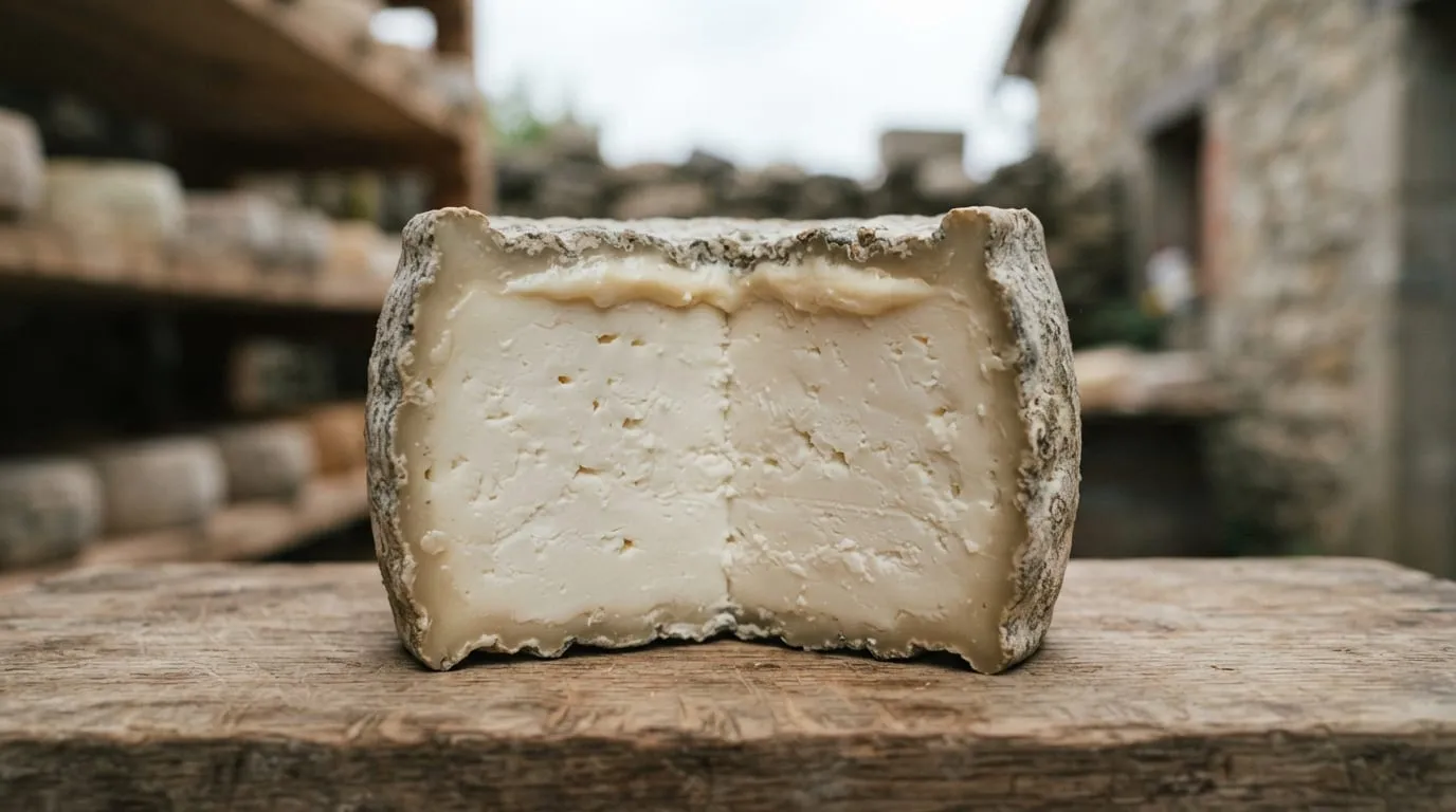 Une tomme de brebis coupée en deux, la tranche de face, croûte grise irrégulière et pâte plus souple sur un centimètre sous la croûte