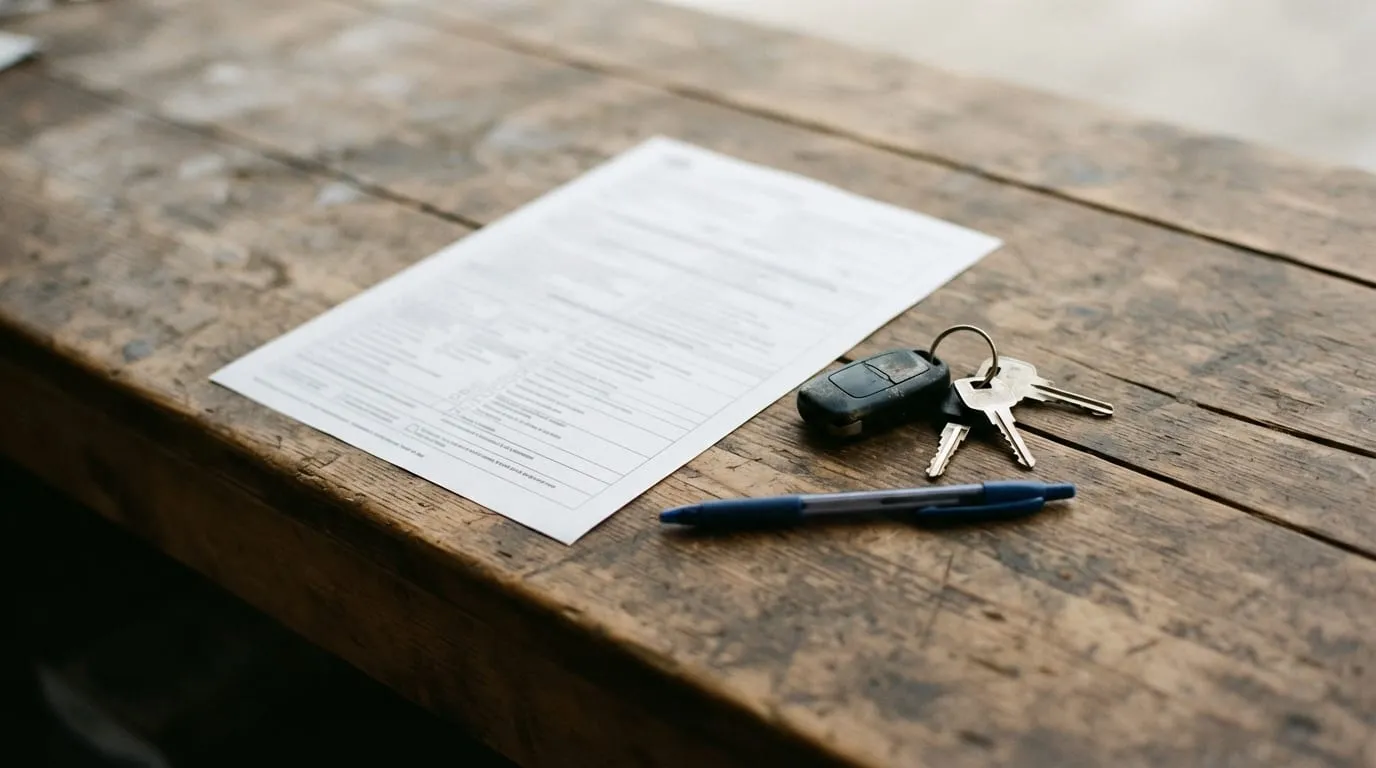 Un contrat de location de voiture posé à plat sur un comptoir, avec un jeu de clés et un stylo