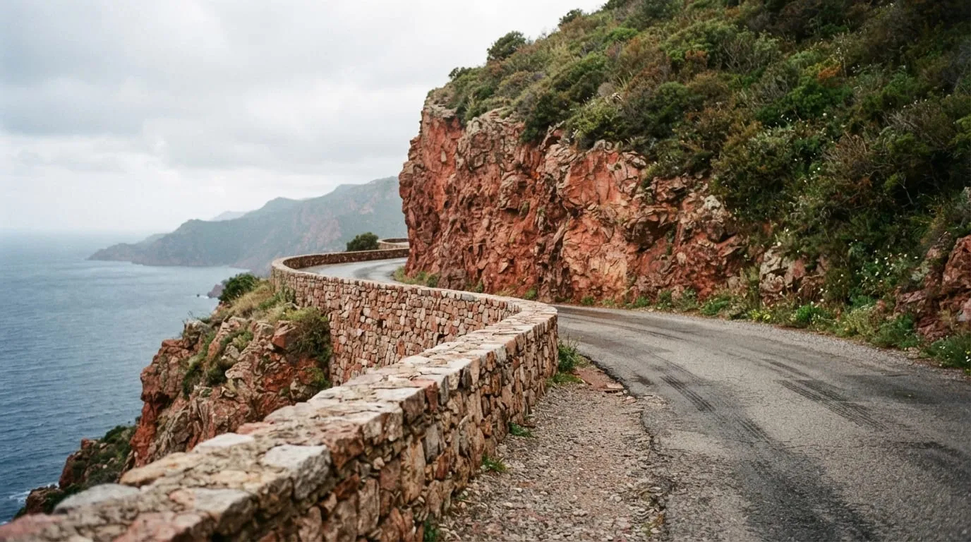 Route étroite de bord de mer taillée dans la roche rouge, avec un muret de pierre sèche et un virage sans visibilité