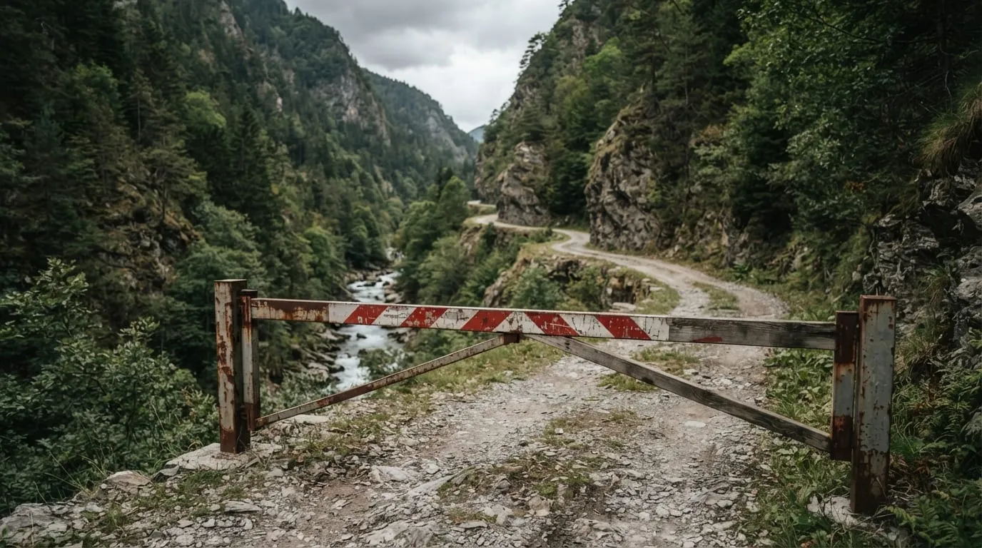 La barrière et le panneau de restriction de circulation à hauteur du camping de Tuani, avec la route étroite de la Restonica derrière