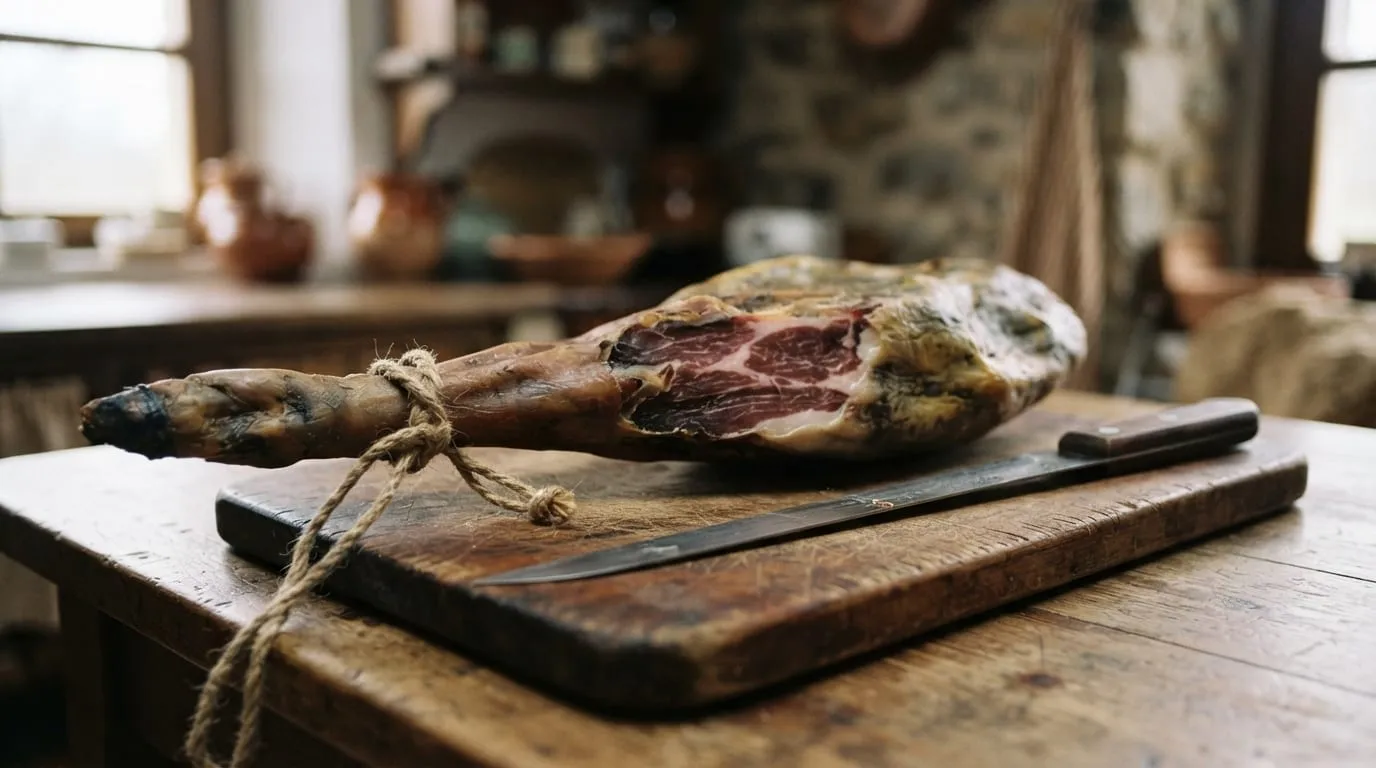Une planche de bois de comptoir avec une coppa entamée, sa ficelle et un couteau à jambon posé à côté, lumière rasante de boutique