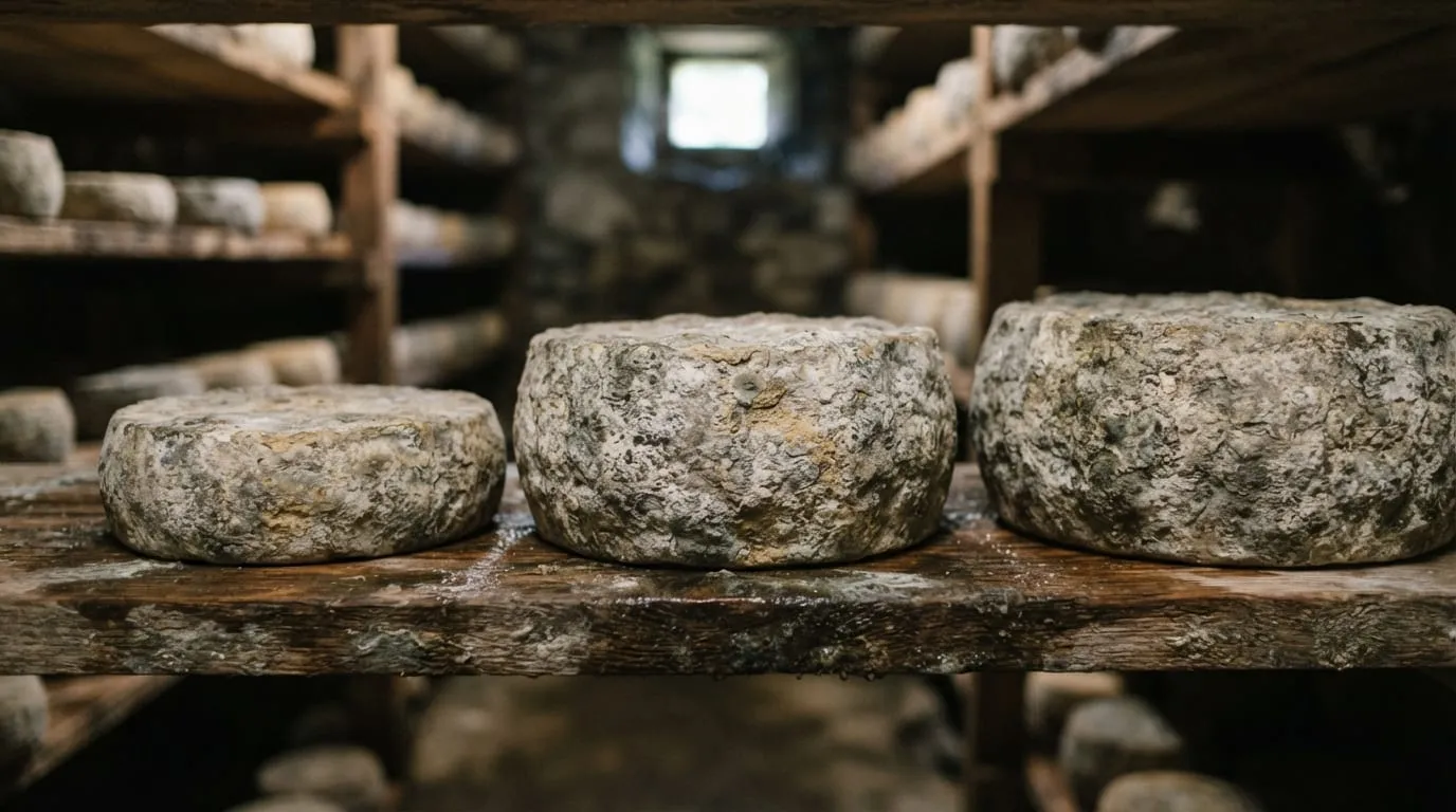 Trois tommes de brebis de tailles différentes posées sur une claie de bois dans une cave d'affinage, croûtes irrégulières