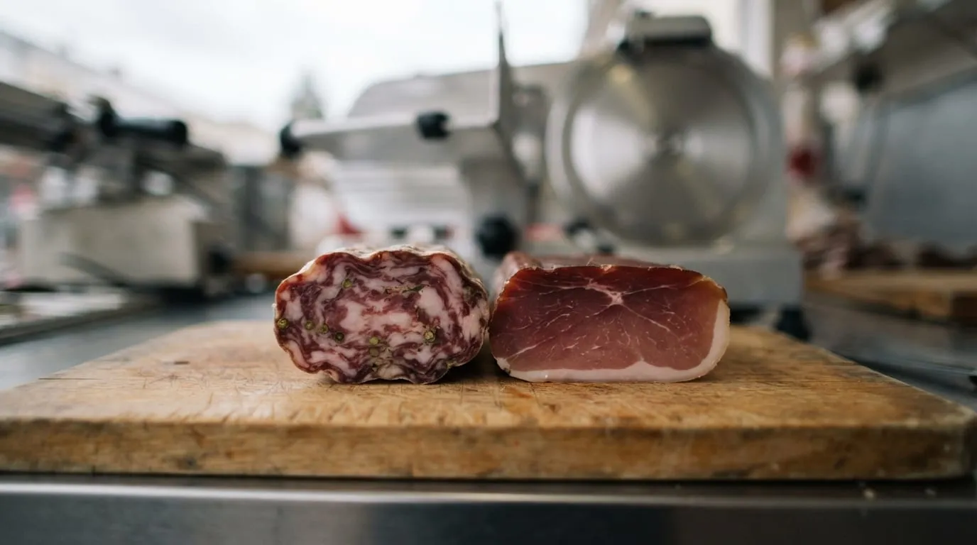 Tranches de coppa et de lonzu posées sur une planche de bois, à côté d'un couteau de comptoir