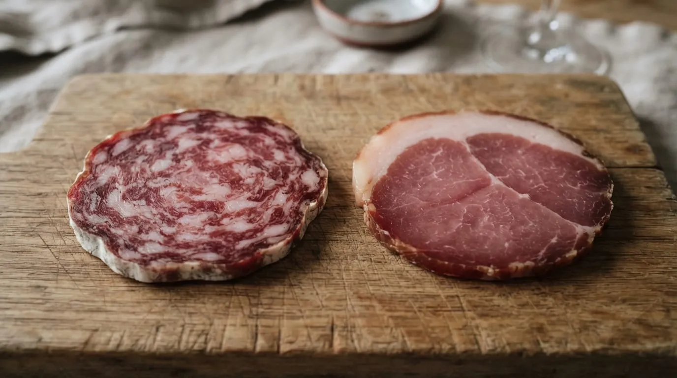 Deux tranches de charcuterie posées côte à côte sur une planche en bois, l’une très persillée au gras blanc-rosé, l’autre au maigre uniforme et au gras net